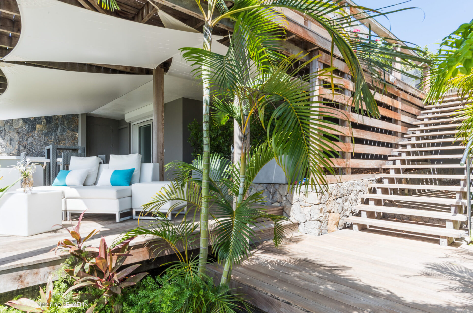 Modern grey-toned bedroom suite at Villa Avalon, St. Barts.