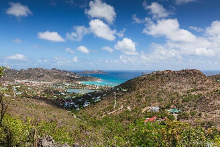 Overlook of St. Barts bays and rugged terrain