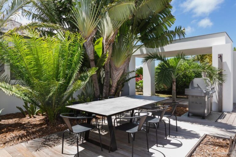 Outdoor dining patio surrounded by lush tropical plants