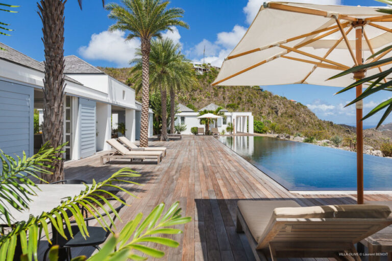 Villa Olive poolside terrace in bright Caribbean sunshine