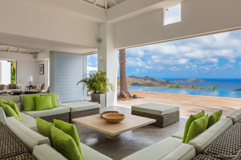 Open-air living room with sea view at Villa Olive St. Barts