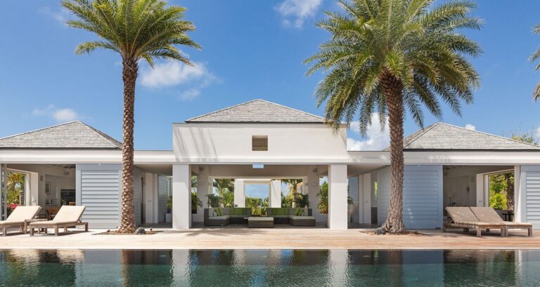 Modern beachfront villa with infinity pool and palms