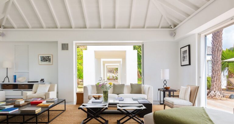 Villa Olive interior with neutral decor and garden view