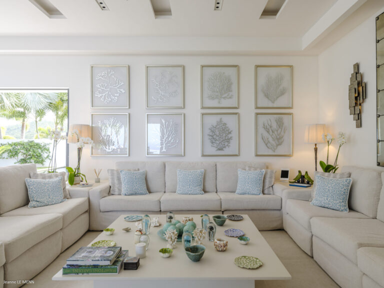 Elegant living room with coral-inspired decor at Villa Antares, St. Barts.