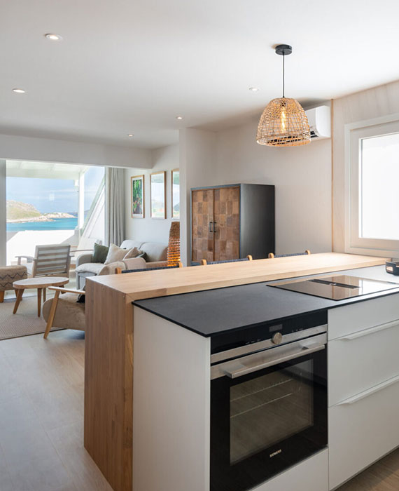 Open kitchen and living space at Villa Aqua, St. Barts.