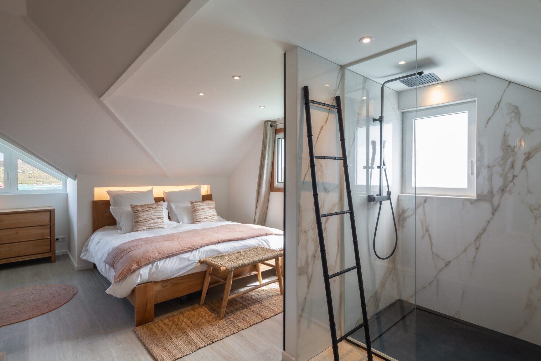 Loft bedroom with en-suite shower at Villa Aqua, St. Barts.