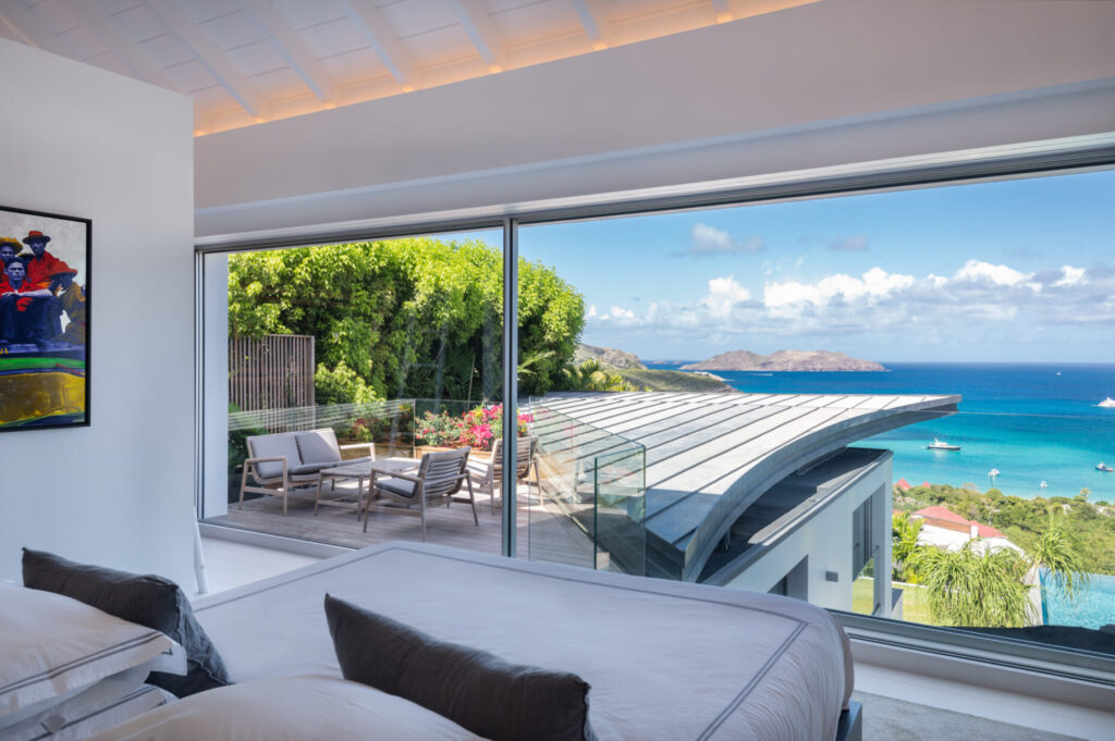 Bedroom at Villa Wings St. Barts with panoramic ocean view.